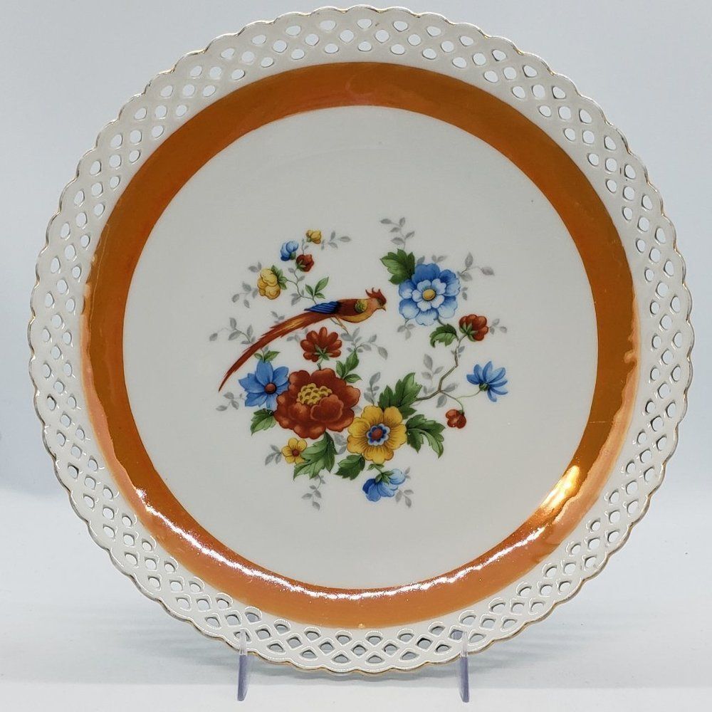 Bavaria Schumann Vintage Reticulated Edge Orange Lustre Bird Floral Decor Plate